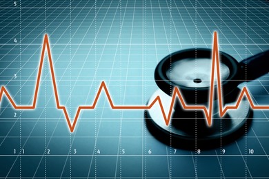 Image of Stethoscope and heartbeat line on color gradient background, closeup. Healthcare concept