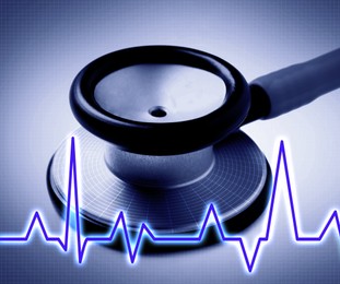 Image of Stethoscope and heartbeat line on blue gradient background, closeup. Healthcare concept