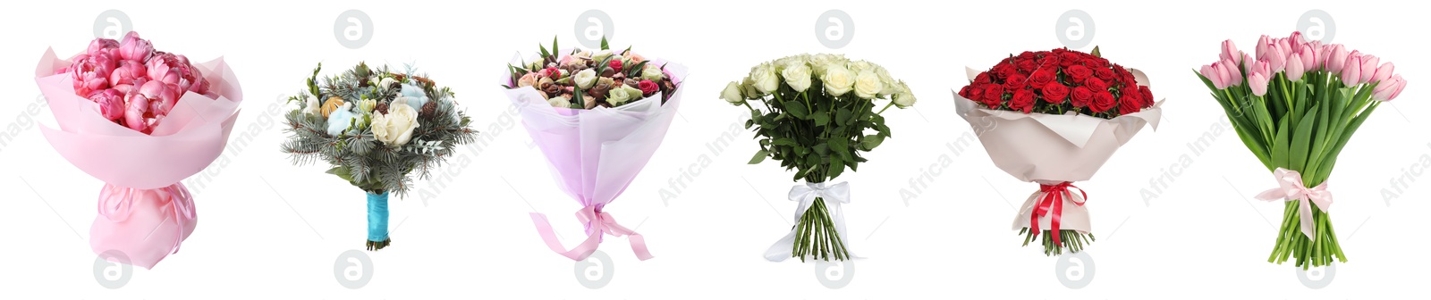 Image of Different bouquets of beautiful flowers isolated on white, set