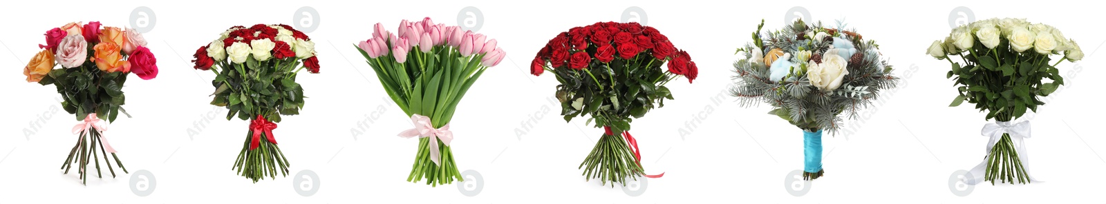 Image of Different bouquets of beautiful flowers isolated on white, set