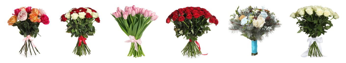 Image of Different bouquets of beautiful flowers isolated on white, set