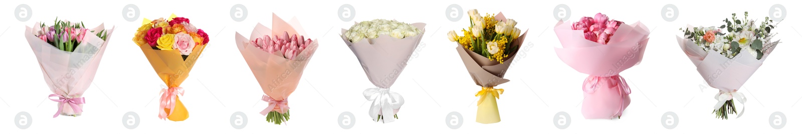 Image of Different bouquets of beautiful flowers isolated on white, set