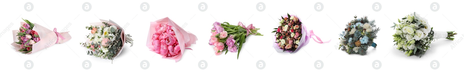 Image of Different bouquets of beautiful flowers isolated on white, set