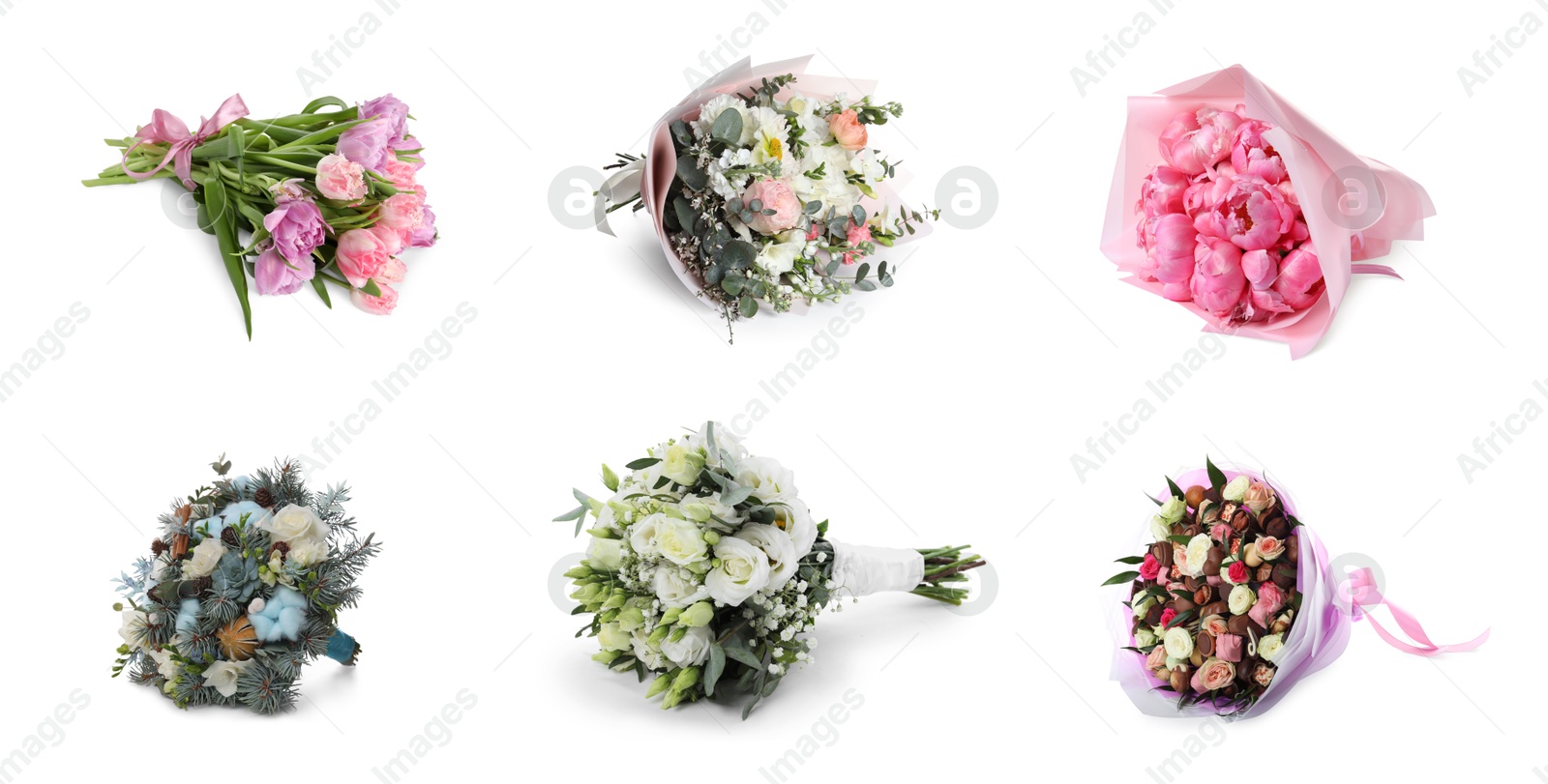 Image of Different bouquets of beautiful flowers isolated on white, set