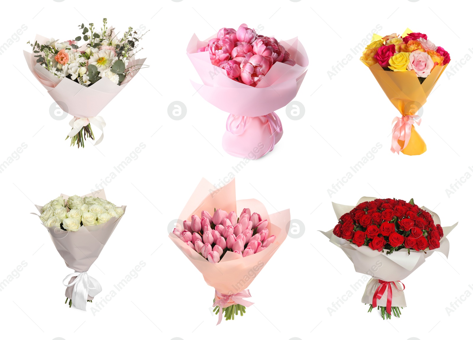 Image of Different bouquets of beautiful flowers isolated on white, set