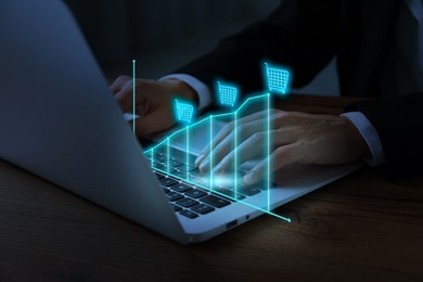 Image of Man tracking price growth using laptop, closeup. Graph over device. Internet shopping concept