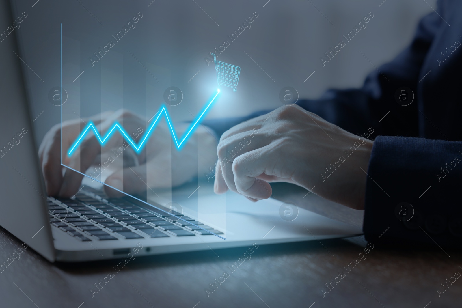 Image of Man tracking price growth using laptop, closeup. Graph over device. Internet shopping concept