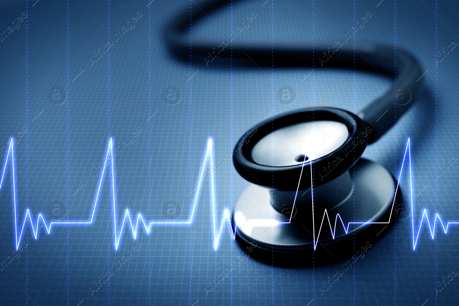 Image of Stethoscope and heartbeat line on blue gradient background, closeup. Healthcare concept