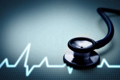 Image of Stethoscope and heartbeat line on color gradient background, closeup. Healthcare concept