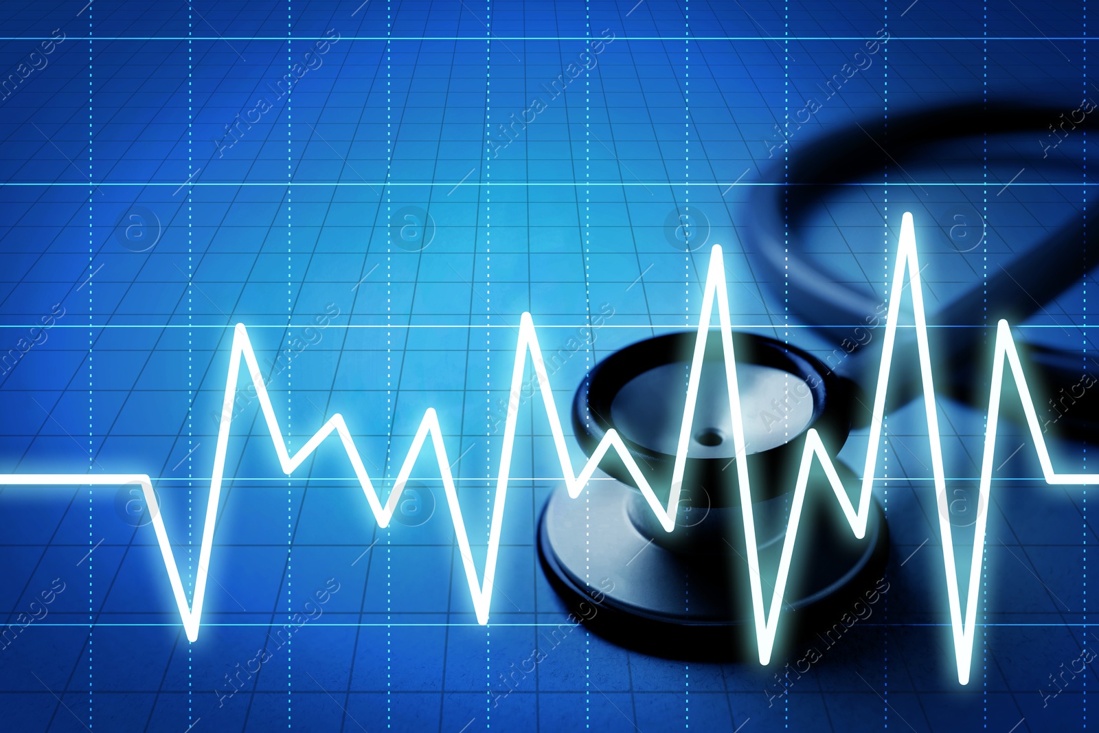 Image of Stethoscope and heartbeat line on blue gradient background, closeup. Healthcare concept