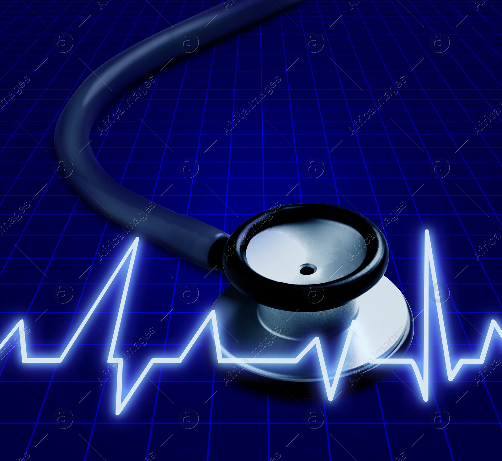 Image of Stethoscope and heartbeat line on blue background, closeup. Healthcare concept