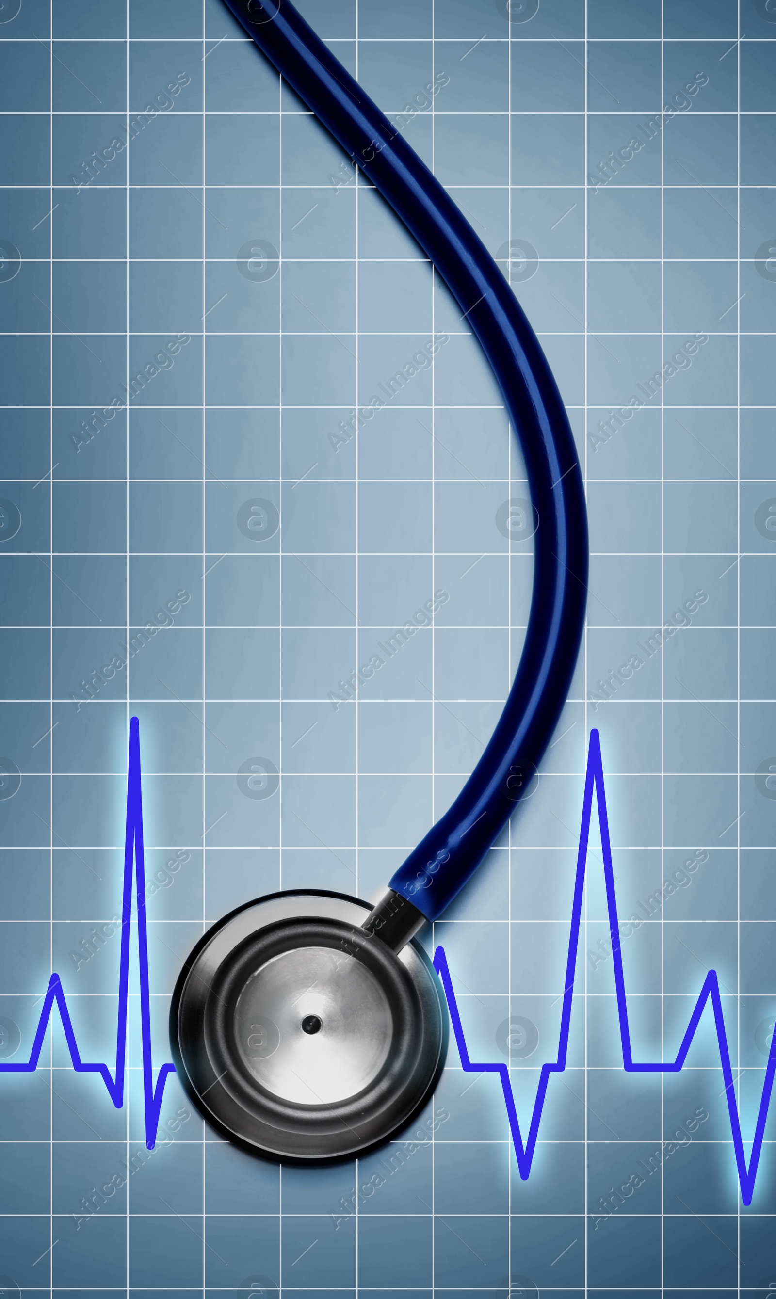 Image of Stethoscope and heartbeat line on color background, closeup. Healthcare concept