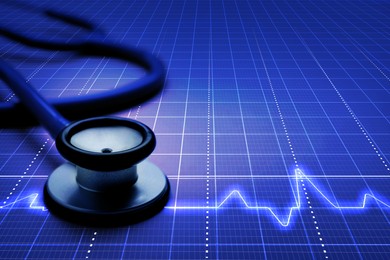 Image of Stethoscope and heartbeat line on blue background, closeup. Healthcare concept