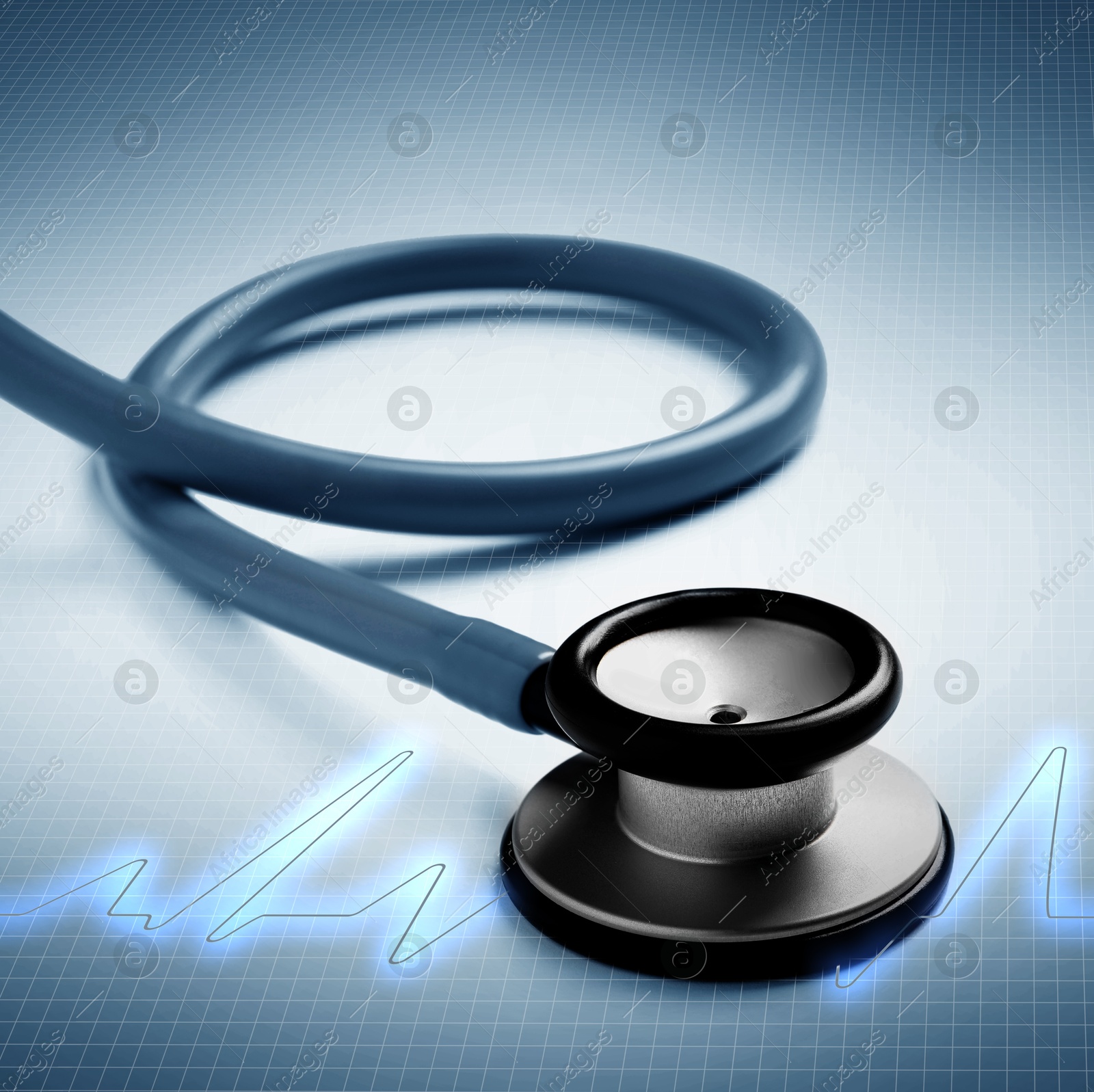 Image of Stethoscope and heartbeat line on color gradient background, closeup. Healthcare concept