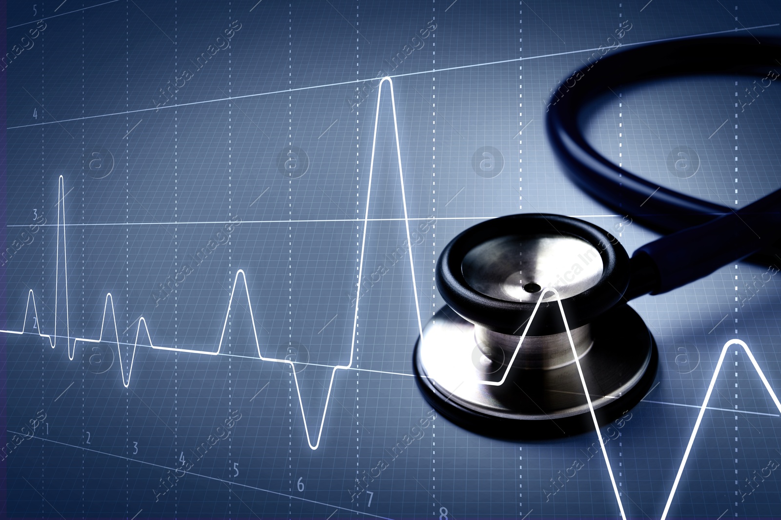 Image of Stethoscope and heartbeat line on blue gradient background, closeup. Healthcare concept