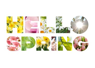 Image of Hello spring card with seasonal plants inside letters on white background