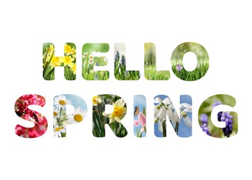 Image of Hello spring card with seasonal plants inside letters on white background