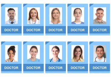 Image of Doctors' badges with photos of different people isolated on white