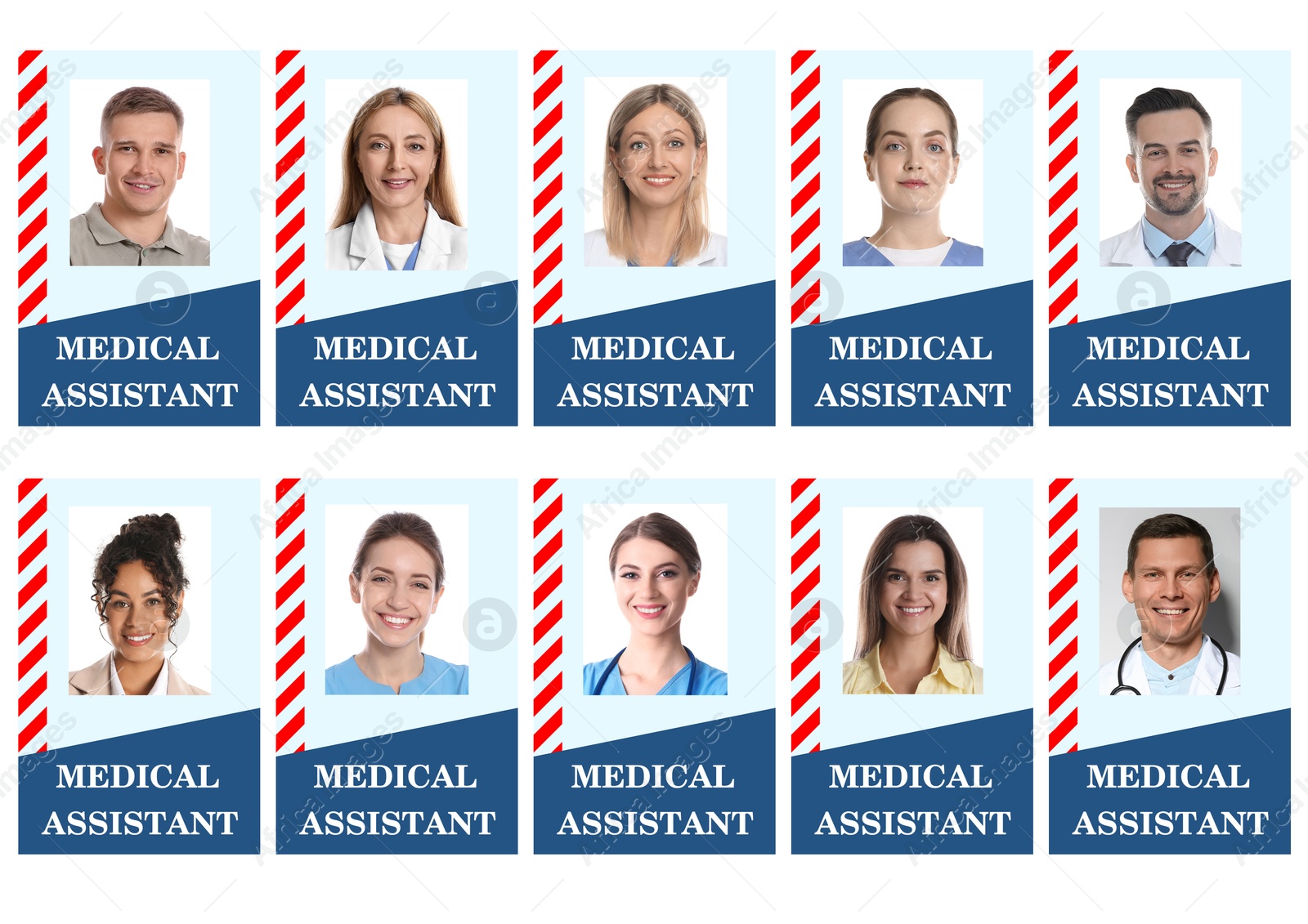 Image of Medical assistant badges with photos of different people isolated on white