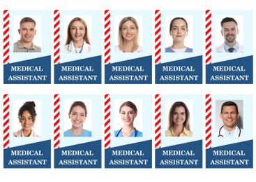 Image of Medical assistant badges with photos of different people isolated on white