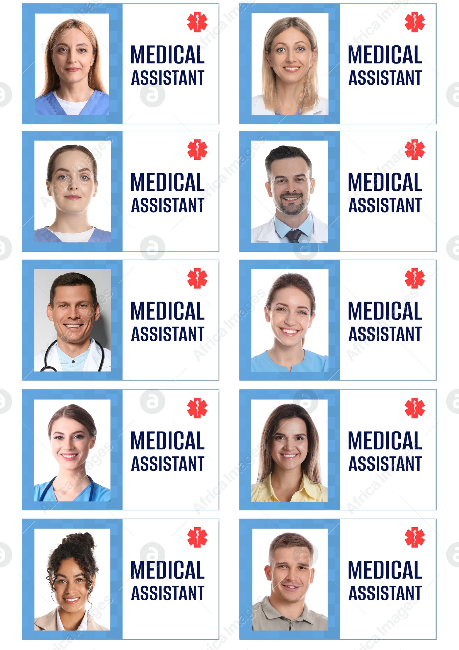 Image of Medical assistant badges with photos of different people isolated on white