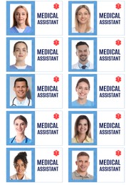 Image of Medical assistant badges with photos of different people isolated on white