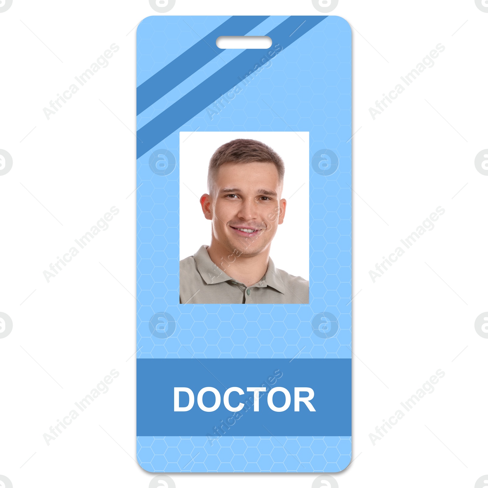 Image of Doctor's badge with photo of man on white background