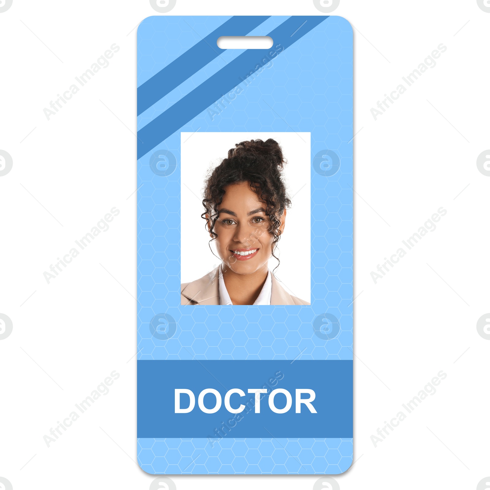 Image of Doctor's badge with photo of woman on white background