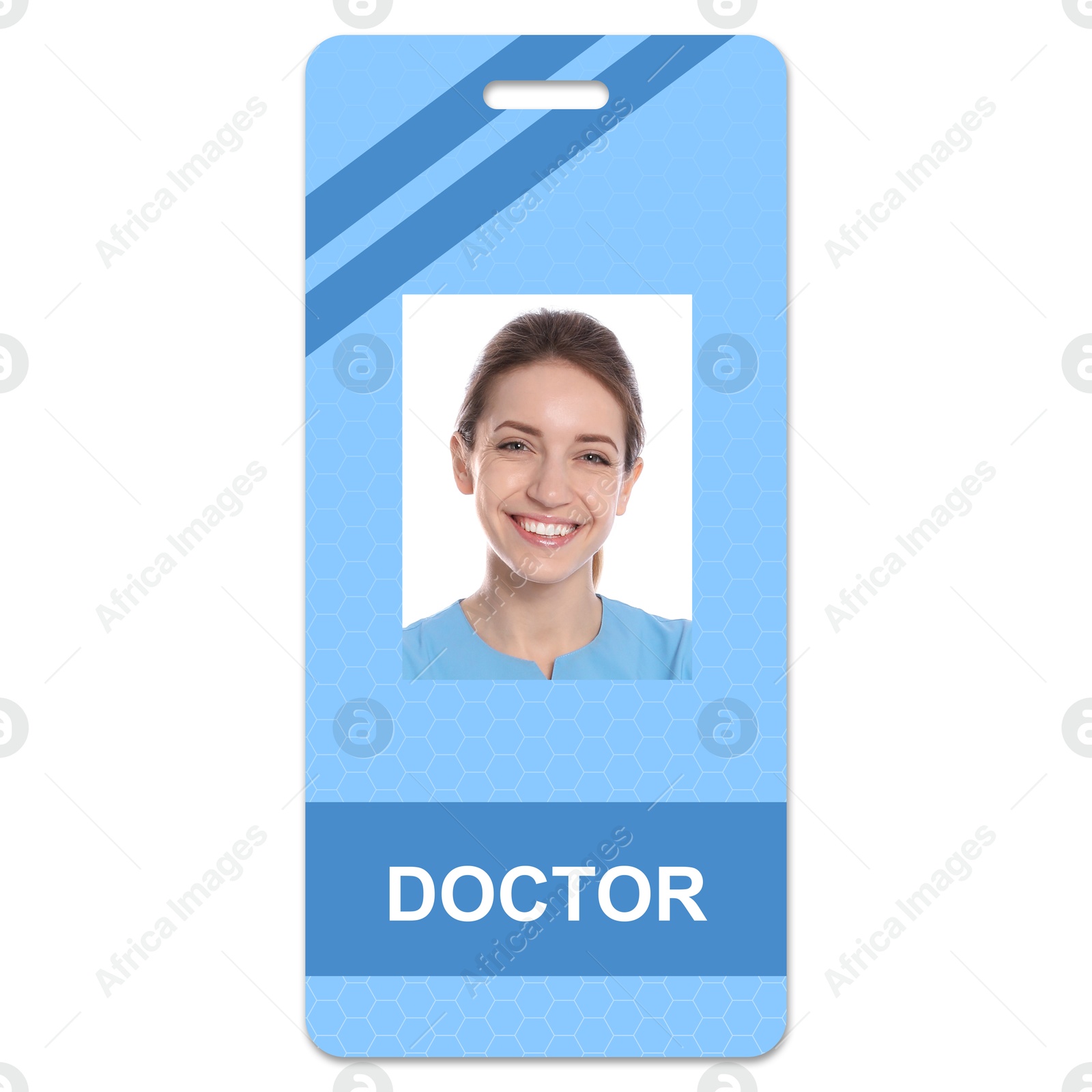 Image of Doctor's badge with photo of woman on white background