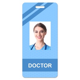 Image of Doctor's badge with photo of woman on white background