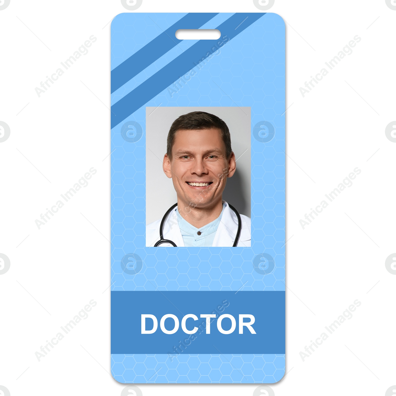 Image of Doctor's badge with photo of man on white background