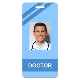 Image of Doctor's badge with photo of man on white background