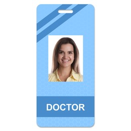 Image of Doctor's badge with photo of woman on white background