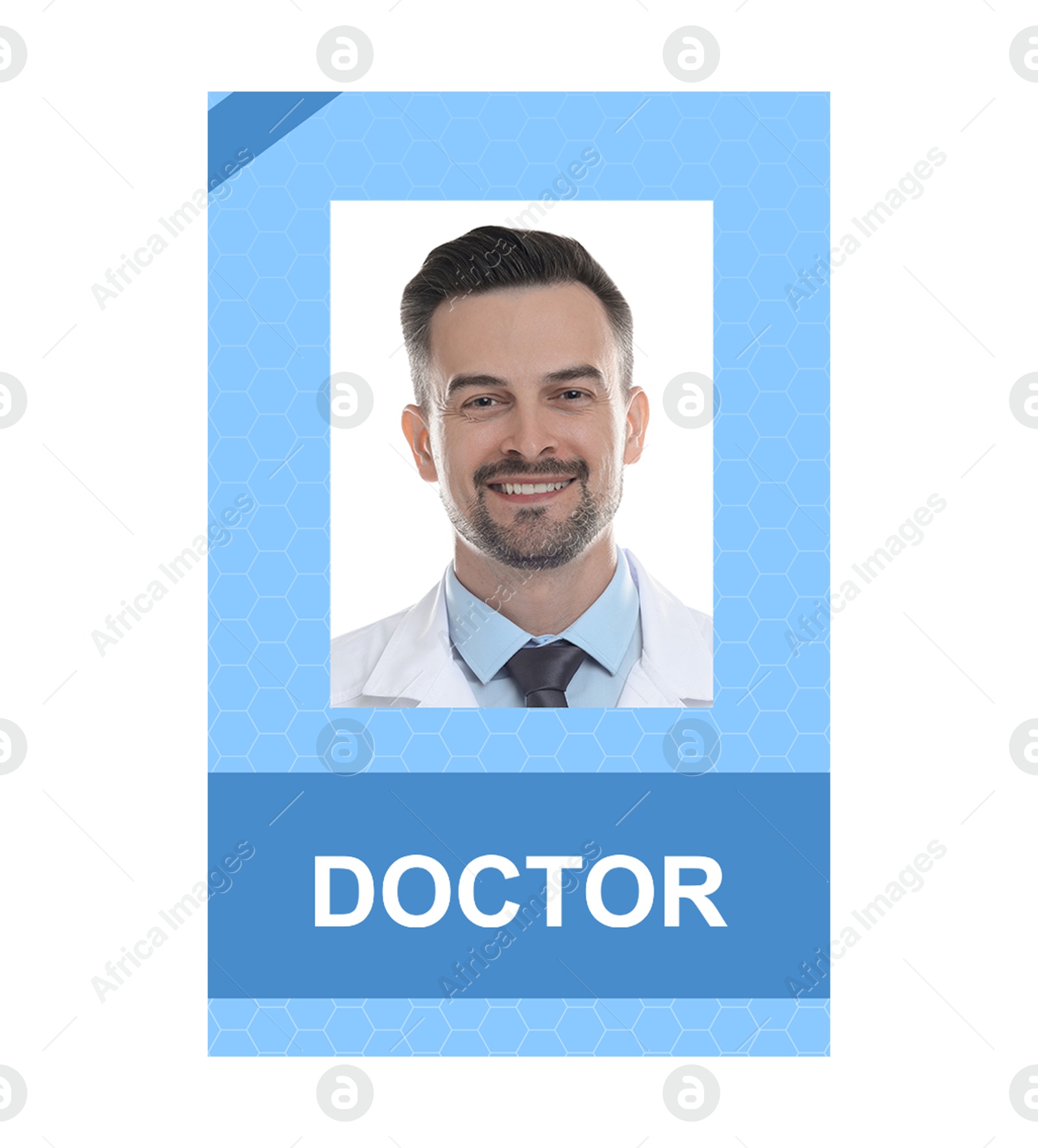 Image of Doctor's badge with photo of man on white background