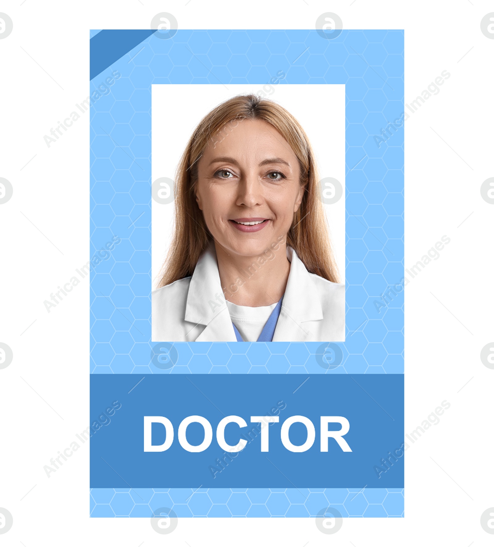 Image of Doctor's badge with photo of woman on white background