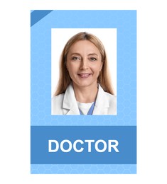 Image of Doctor's badge with photo of woman on white background