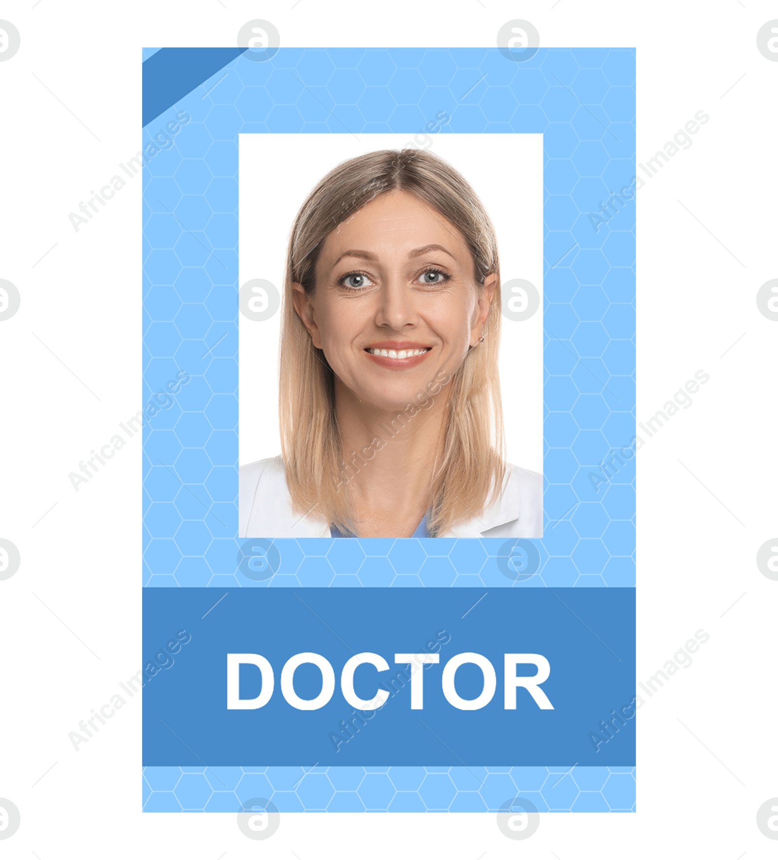 Image of Doctor's badge with photo of woman on white background