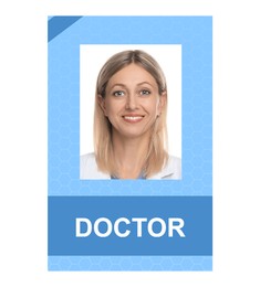 Image of Doctor's badge with photo of woman on white background