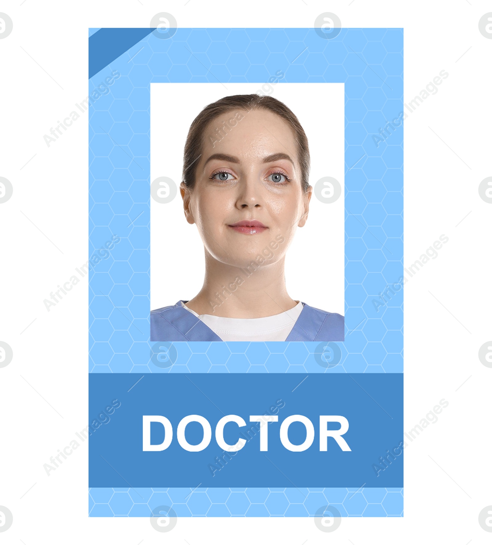 Image of Doctor's badge with photo of woman on white background