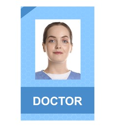 Image of Doctor's badge with photo of woman on white background