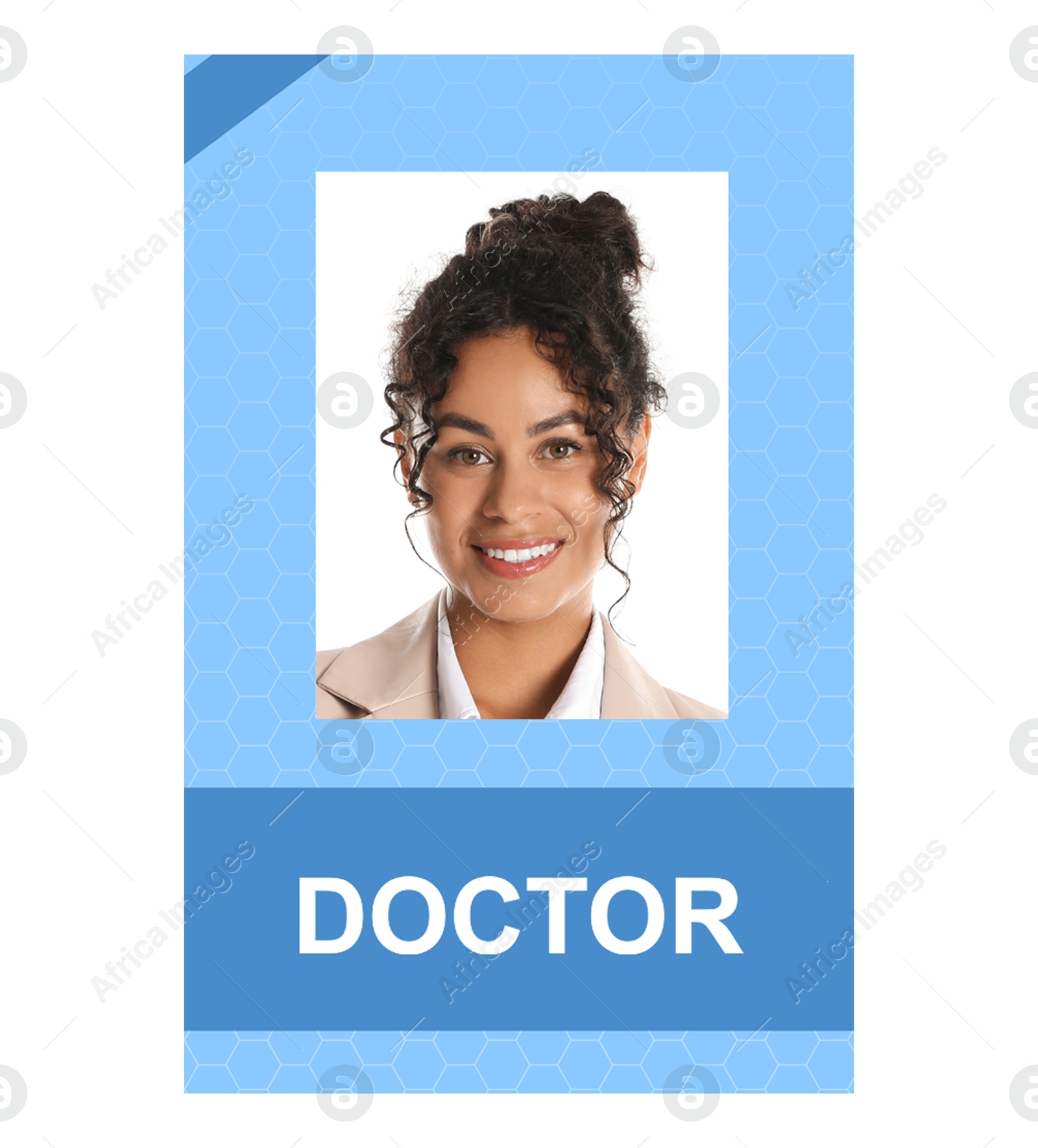 Image of Doctor's badge with photo of woman on white background