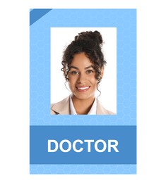 Image of Doctor's badge with photo of woman on white background