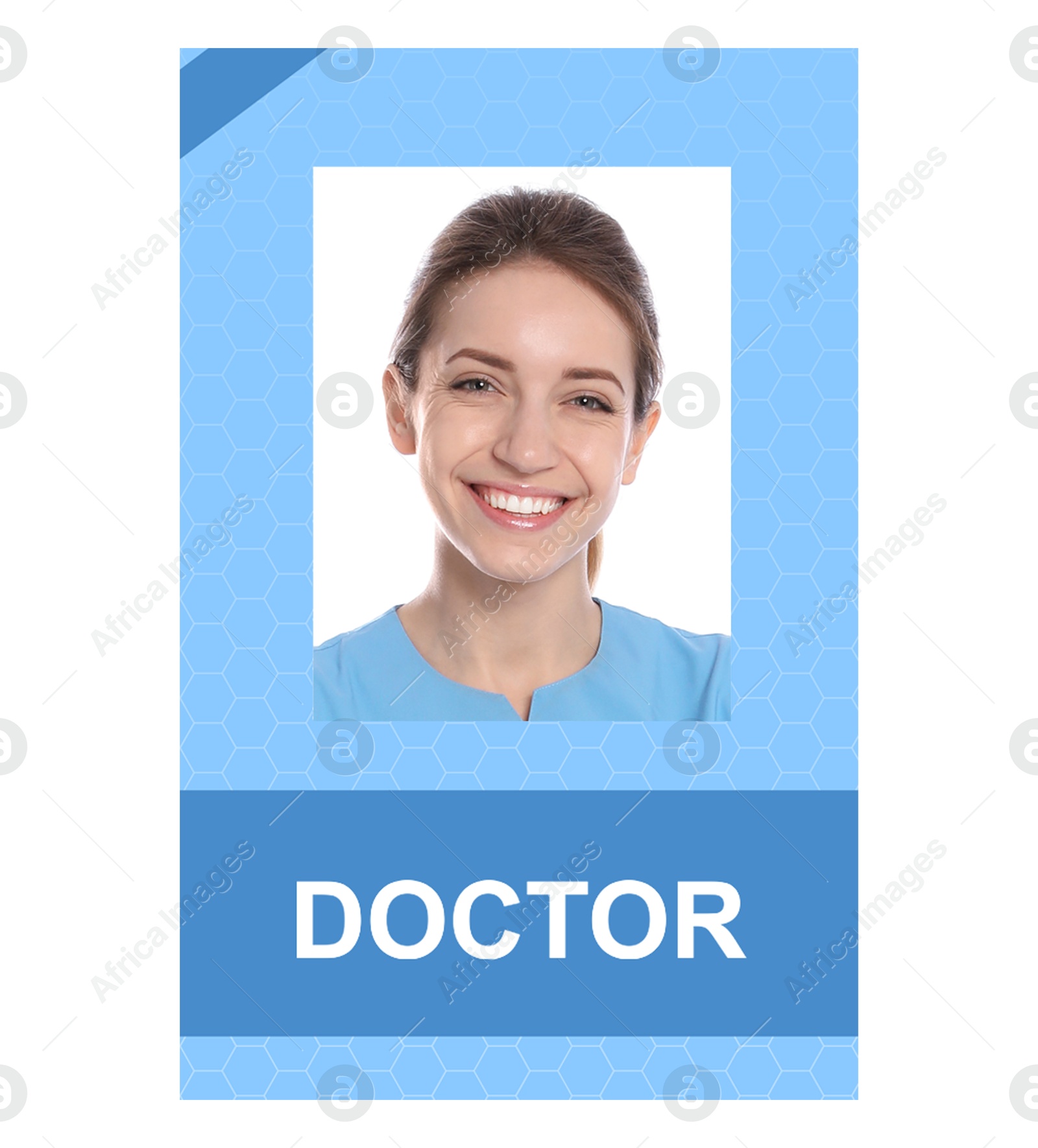 Image of Doctor's badge with photo of woman on white background