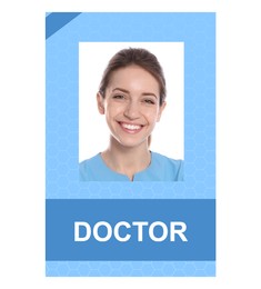 Image of Doctor's badge with photo of woman on white background