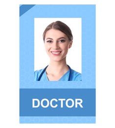 Image of Doctor's badge with photo of woman on white background