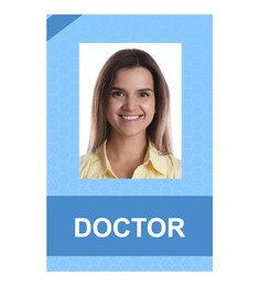 Image of Doctor's badge with photo of woman on white background