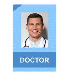 Image of Doctor's badge with photo of man on white background