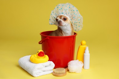 Photo of Cute funny dog with shower cap and different accessories for bathing on yellow background