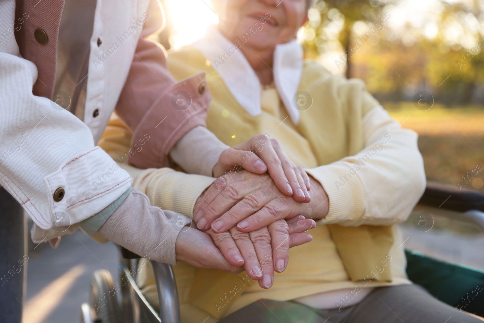 Photo of Caregiver with elderly woman in wheelchair at park, closeup