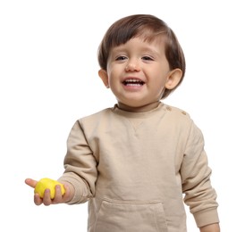 Photo of Cute little child with tasty mochi on white background